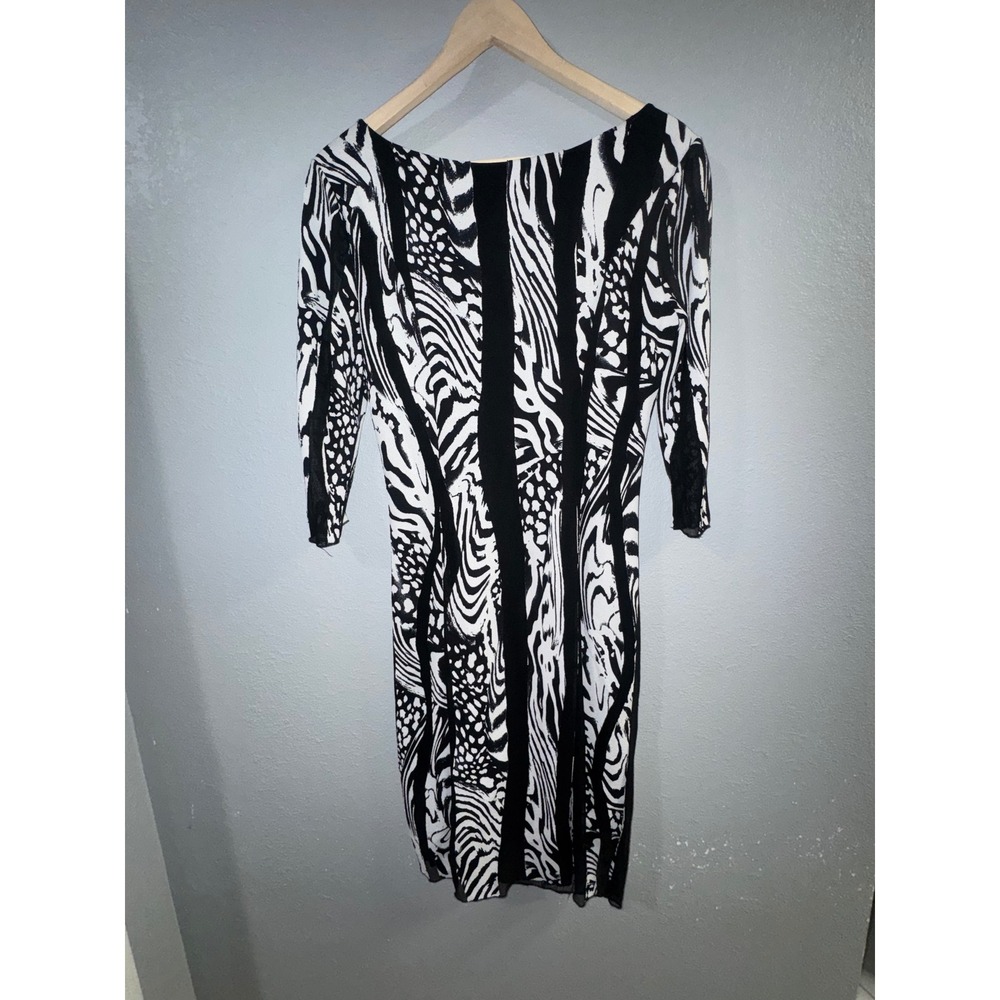 Elana Kattan Black White Abstract Animal Print Ruched Mesh Sleeve Dress M NWT - Picture 5 of 7